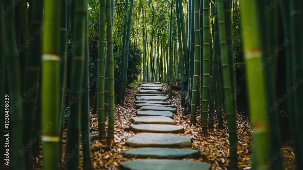 Poster A serene stone path through a lush bamboo forest, inviting exploration and tranquility.