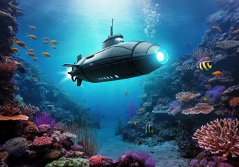 Fototapeta premium Submarine is navigating through a vibrant coral reef, its headlight illuminating the colorful marine life