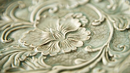A detailed shot of a ceramic platter showcasing the raised and etched designs that were delicately carved by hand.