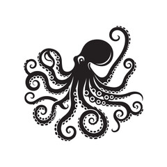 Octopus Black Silhouette. Vector Icon on White Background.