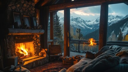 A cozy cabin with a roaring fireplace and a stunning view of snow-capped mountains through a large window.