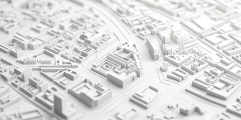 A white 3D model of a city, featuring a detailed cityscape. The model showcases a network of streets and buildings, highlighting the intricate details of urban design.