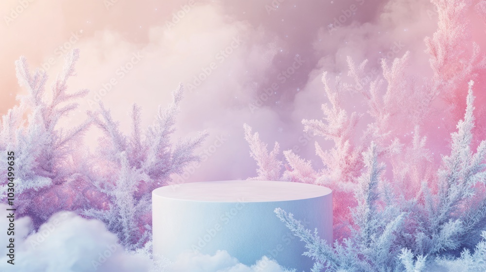 Aufkleber a serene winter scene featuring a circular platform surrounded by frosty trees and clouds.