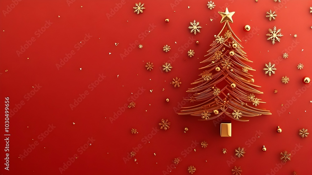 Poster golden christmas tree icon on glossy red background with snowflakes pattern and copy space
