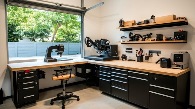 A large CNC machine features a laser arm positioned above a wooden sheet, all set against a tidy, bright garage environment with a black frame