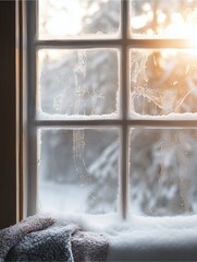 Winter's Embrace: A cozy windowpane, frosted with winter's delicate touch, captures the essence of a peaceful winter day, with a blanket of snow resting gently on the sill.  