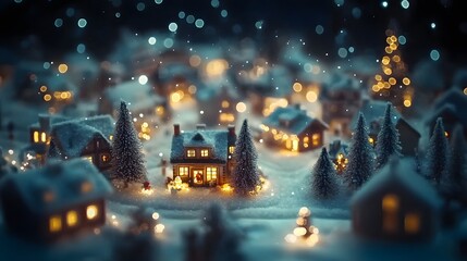 Enchanting miniature snowy village with warm glowing lights and festive decorations.