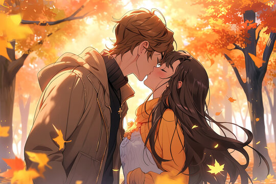 anime couple boy and girl with long black hair kiss in an autumn park with bright trees