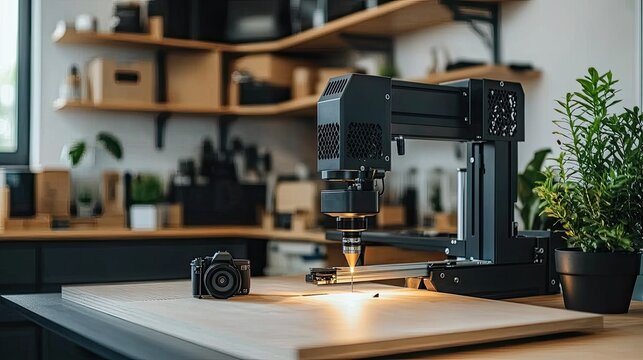 A large CNC machine features a laser arm positioned above a wooden sheet, all set against a tidy, bright garage environment with a black frame.