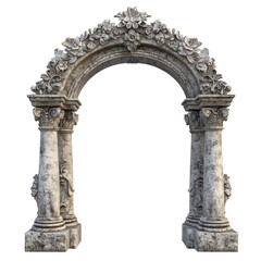 The archway is made of stone and has a lot of detail. It is very old and has a sense of grandeur