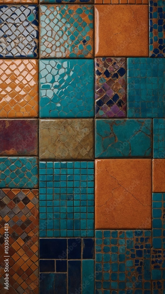 Poster collection of colorful mosaic tiles in various shades of teal, orange, and brown. tiles have differe