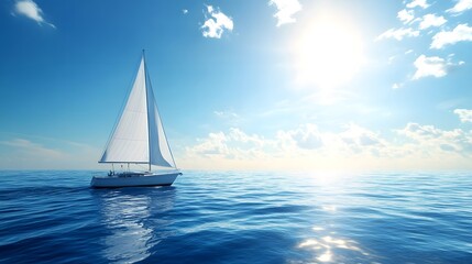 A sailboat is sailing in the ocean on a sunny day. The sky is clear and blue, and the water is calm. Concept of freedom and relaxation