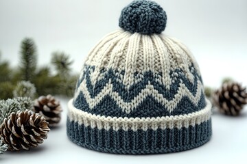 A knitted hat with a blue stripe and white trim