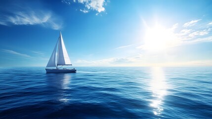 Obraz premium A sailboat is sailing in the ocean on a sunny day. The sky is clear and blue, and the water is calm. Concept of freedom and relaxation