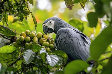 Obraz premium A gray parrot perched among green leaves and fruit in a lush environment.
