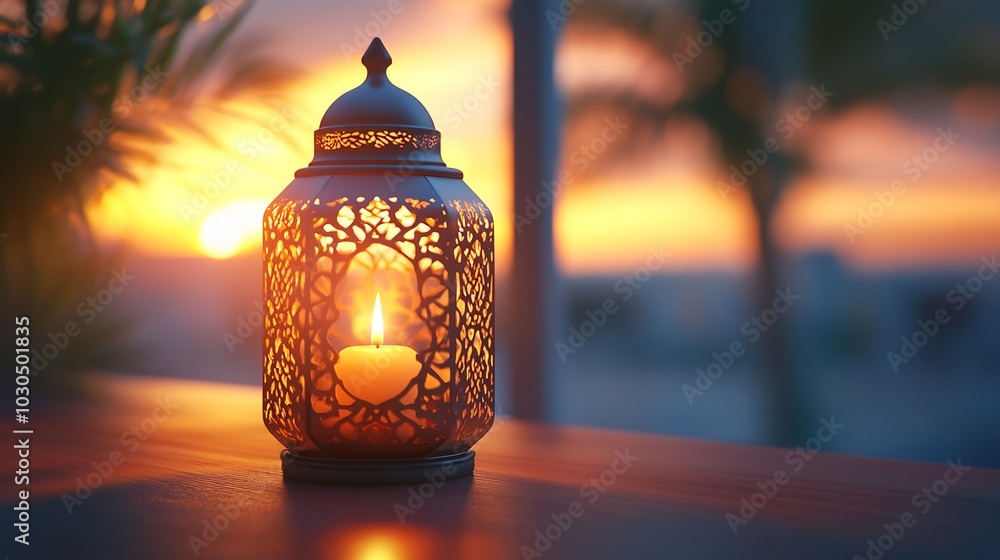 Poster beautifully designed arabic lantern with a burning candle inside casting soft warm light on a minima