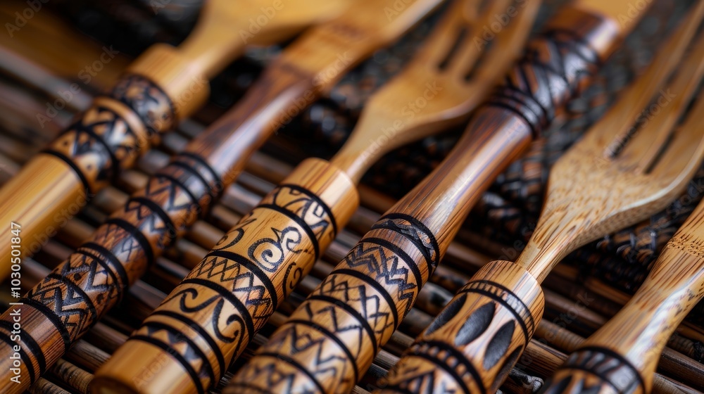 Poster An upclose view of a bamboo fork and s set displaying the intricate designs on the handles. The light and dark tones of the bamboo create a striking contrast.