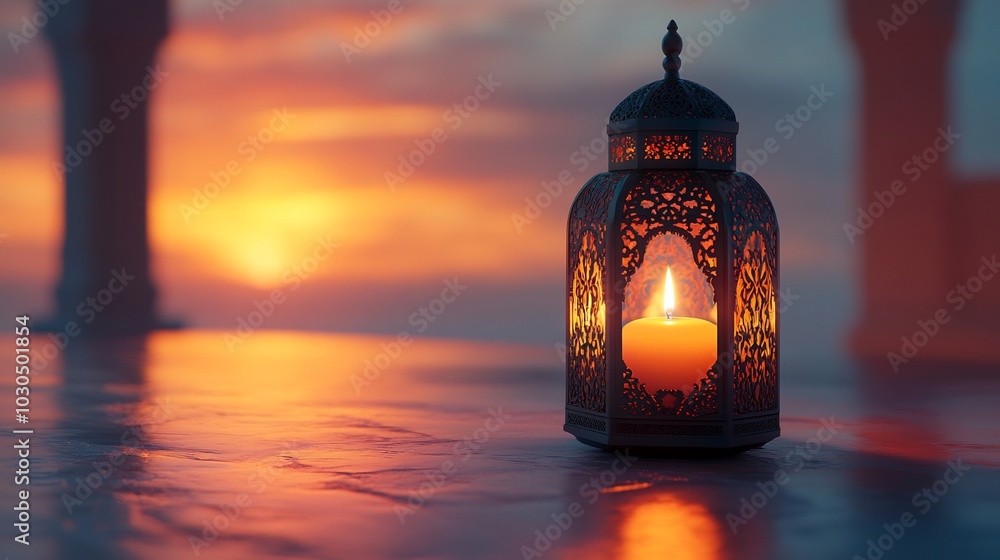 Poster beautifully designed arabic lantern with a burning candle inside casting soft warm light on a minima