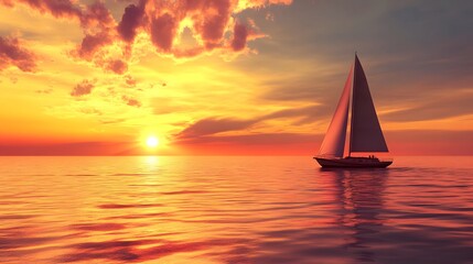 Fototapeta premium A sailboat is sailing on a calm ocean at sunset. The sky is filled with orange and pink hues, creating a serene and peaceful atmosphere. The boat is the main focus of the image