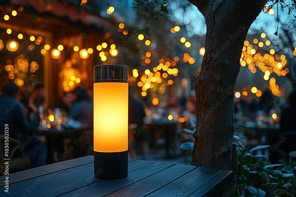 Poster a table with a lamp on it in front of a tree