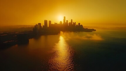 Naklejka premium Silhouette of a city skyline during a golden sunrise over tranquil waters.