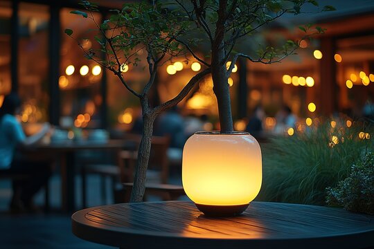 A table with a lamp on it in a restaurant