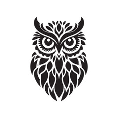 Vector Silhouette of Stylized Owl Head with Large Eyes. Black Design.