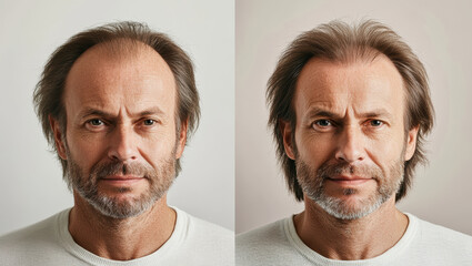 Fototapeta premium The man in the left photo has a bald head, while the man in the right photo has a full head of hair