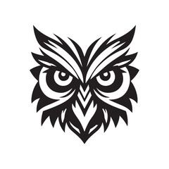 Owl Head Silhouette with Big Eyes. Black Stylized Vector Art.