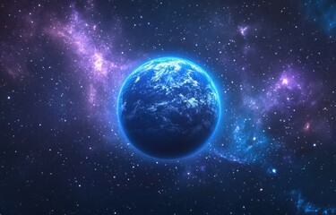 The Earth, a planet with a blue glow against a starry background.