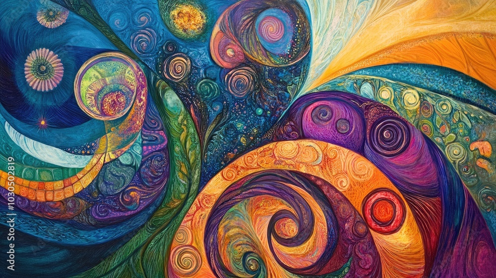 Poster abstract image representing the flow of life, with swirling patterns and vivid colors symbolizing ch