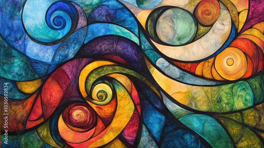 Poster abstract image representing the flow of life, with swirling patterns and vivid colors symbolizing ch