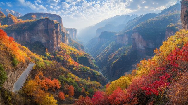 Road through Laobiangou canyon in autumn, a panoramic view of Benxi, China. 
