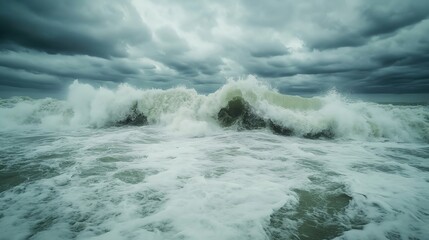 Fototapeta premium A dramatic image of a tsunami wave approaching the shore, showing the destructive power of water, tsunami wave, water destruction