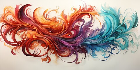 Fototapeta premium Abstract swirling floral patterns in vibrant hues of red, orange, purple, and blue, creating a dynamic visual symphony on a white canvas