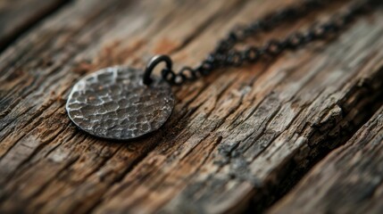 A closeup of a handstamped pendant reveals the small careful hammer marks and blackened edges giving it a unique rustic look.