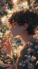 Serene Anime Boy Embracing Nature: Tender Kiss Amid Flower-Filled Garden