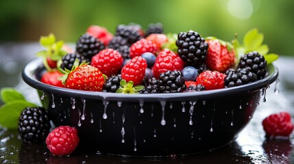 A bowl overflowing with a vibrant mix of berries, glistening with fresh water droplets, symbolizing the purity and natural sweetness of summer harvest.