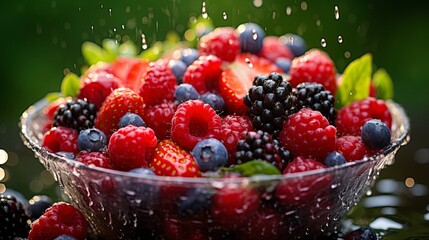 A vibrant medley of red, blue, and black berries in a clear glass bowl, glistening with droplets of water, as if caught in a moment of refreshing rejuvenation.