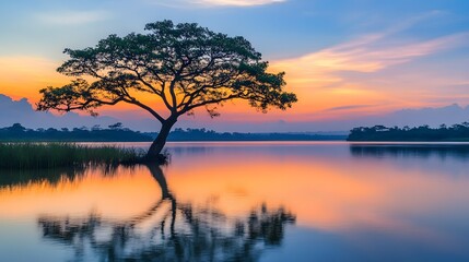 Fototapeta premium 湖畔の木のシルエット