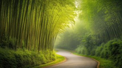 Obraz premium A serene winding road surrounded by lush bamboo trees in a misty forest.
