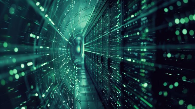 3d rendering of server room data center with binary code. Data center concept