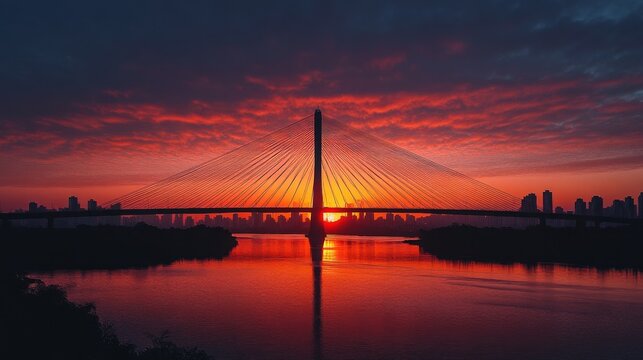 Sunrise over the cable-stayed bridge in S&Atilde;&pound;o Paulo, Brazil. -