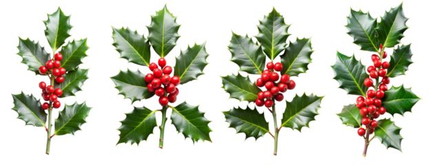 Set of Christmas Holly Branch with Red Berries Isolated on White Transparent Background, PNG Element