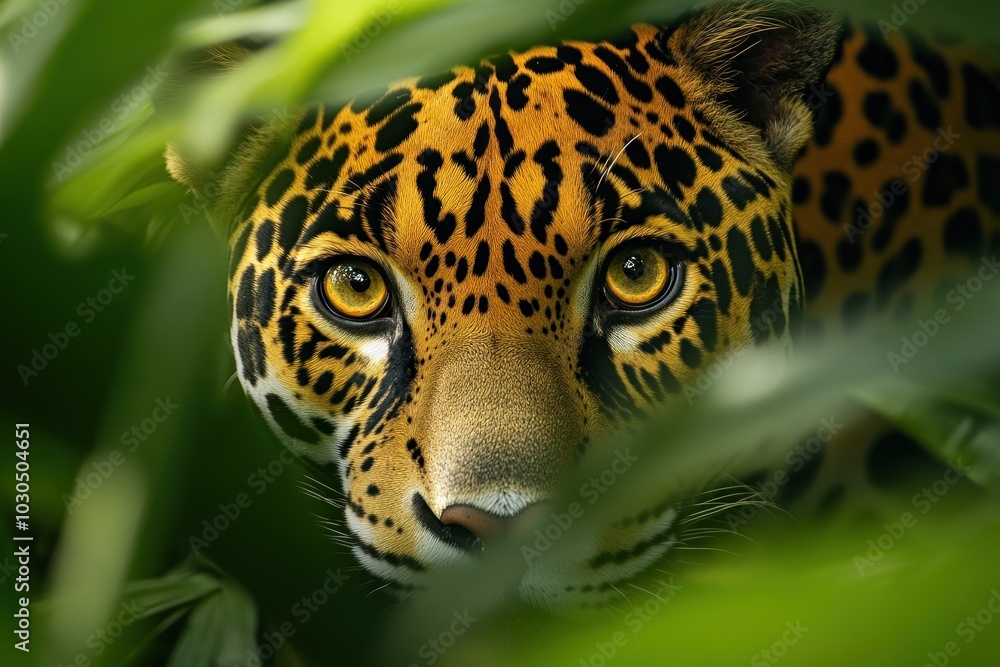 Wall mural A close-up of a jaguar's face peering through lush green foliage.