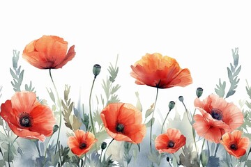 Watercolor poppy clipart in various color and angle. frame, copy space. ai generated