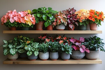 A shelf full of potted plants in various colors and sizes