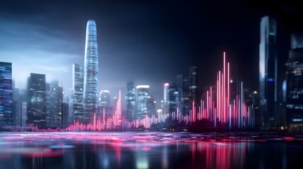 Fototapeta premium Collapsing Futuristic Urban Financials Data Streams Cascading Ominous Crimson Blurred Megalopolis