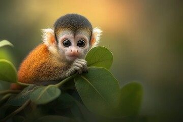 Fototapeta premium A close-up of a cute monkey sitting on a leaf, showcasing its expressive eyes and fur.