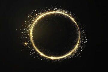 Product Presentation, Golden glitter circle, glowing ring, sparkle frame, golden spark, black background, gold light effect, round border design